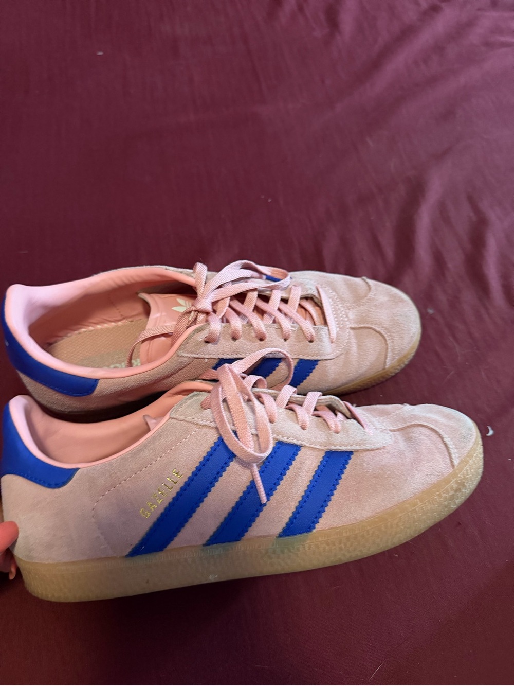adidas Pink Suede Trainers with Blue Stripes